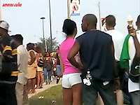 Cute ebony babe was spotted in the crowd by a hunter due to her super short shorts. She's a great find for shorts video collection